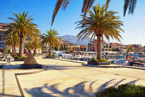 View of embankment of Tivat city and yacht marina of Porto Montenegro on autumn day. Montenegro