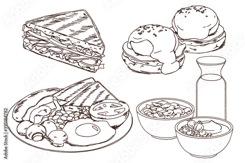 Breakfast Collection, hand drawn doodle, sandwich, eggs benedict, full English breakfast, cereal