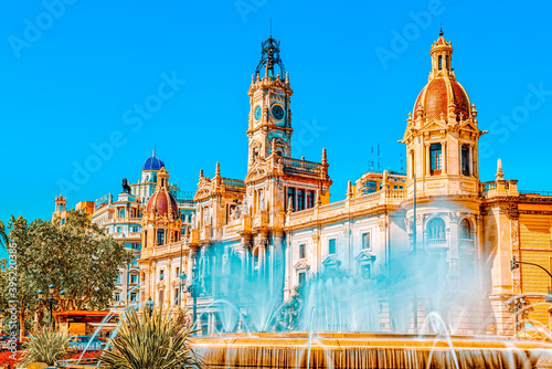 Fountain on Modernism Plaza of the City Hall of Valencia, Town h