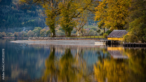 Autumn colours at the boathouse on Loch Ard in the Trossachs national Park