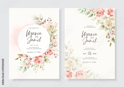 Elegant wedding invitation cards template with watercolor floral decoration