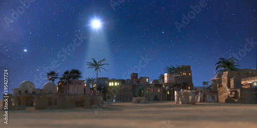 The star shines over the manger of christmas of Jesus Christ, 3d render