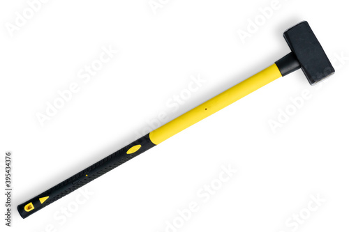 Large yellow sledgehammer from fireman's toolbox isolated on white background. Top view