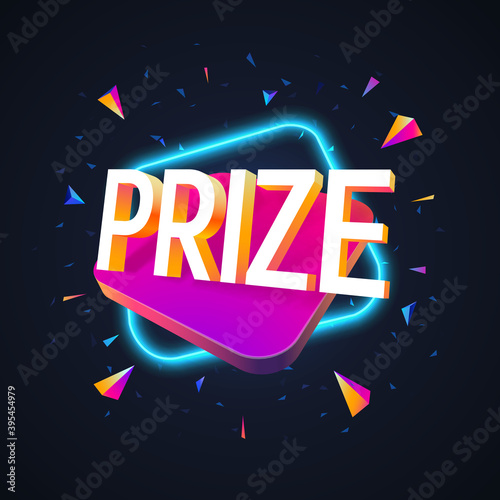 Prize word with 3d vibrant shape and neon light effect on dark background. Lottery giveaway winning Vector isolated design elements for gambling 