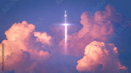 Flying spaceship rocket over the red clouds reaching the orbit winning gravity force in a beautiful sunset horizontal - concept art - 3D rendering 