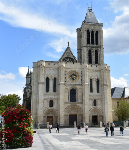 Basilica of Saint-Denis or Basilique royale de Saint-Denis. Facade and bell tower. Paris, France.
