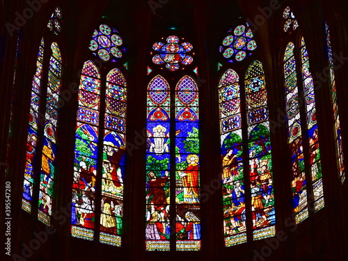 Apse stained glass windows at Basilique Royale de Saint-Denis. Paris, France. 