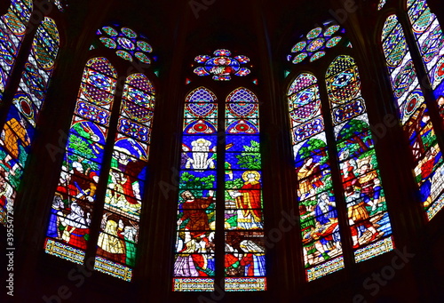 Apse stained glass windows at Basilique Royale de Saint-Denis. Paris, France.