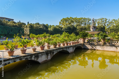 Great view of the bridge, decorated with numerous potted citrus plants in a row, leading to the Fountain of Oceanus on the Isolotto, a small island that is surrounded by a moat in the Boboli Gardens.