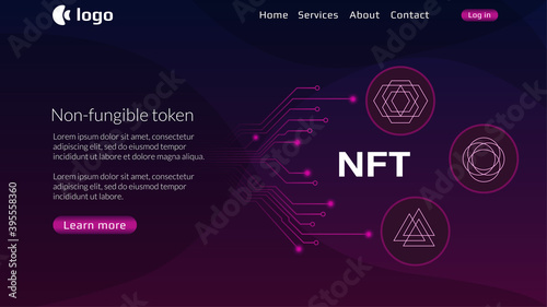 Website header template for NFT nonfungible tokens with pcb tracks and unique coins on dark background. Pay for unique collectibles in games or art. Vector illustration.