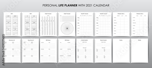Vector template for personal life planner with 2021 calendar