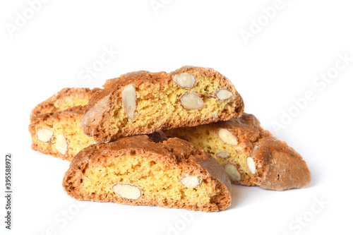 Close up on the cantucci or cantuccini on white background. Cantuccini are typical Tuscan dry biscuits, made with flour, eggs, yeast and almonds. Italy.
