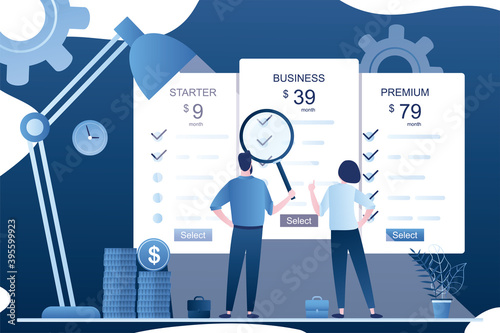 Three tariff plans. Price list set. Pricing table for business. Group of business people compare tariffs and select business offer.