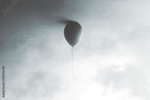 illustration of balloon flying at the end of the sky, surreal minimal concept