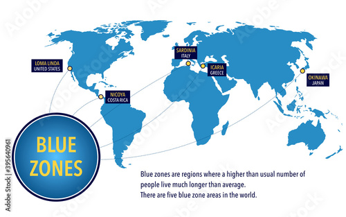 Map of the blue zones of longevity where people live longer than the rest of the world