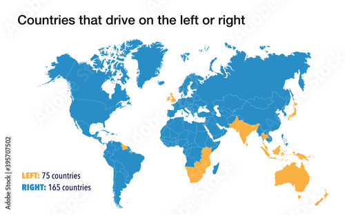 World map with the countries that drive on the left and on the right side of the road