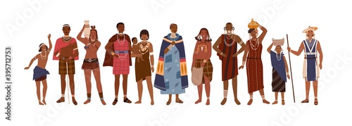 Group of happy aboriginal or indigenous people of Africa dressed in ethnic clothes isolated on white background. Men, women and children - members of African tribes. Flat vector illustration