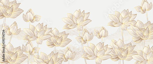 Luxury wallpaper design with Golden lotus and natural background. Lotus line arts design for wall arts, fabric, prints and background texture, Vector illustration.