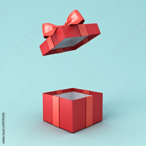 Open present box or red gift box with red ribbons and bow isolated on green blue pastel color background with shadow 3D rendering