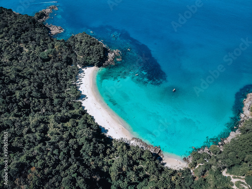 Top view of the beautiful magnificent coast of a white sand beach and a huge number of tall green trees
