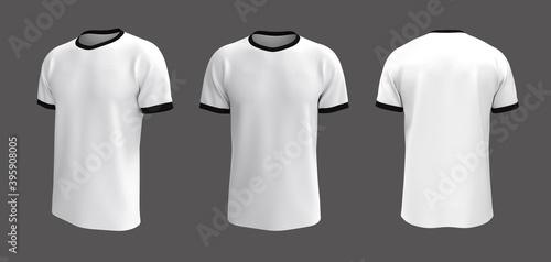 men's short-sleeve t-shirt mockup in front, side and back views, design presentation for print, 3d illustration, 3d rendering