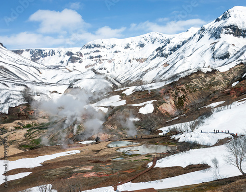 Ecological trail for tourists in the Valley of Geysers in Kamchatka in spring.