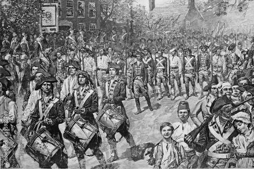 Parade through New York of United States troops after independence from England. November 25th 1783. Antique illustration. 1884.