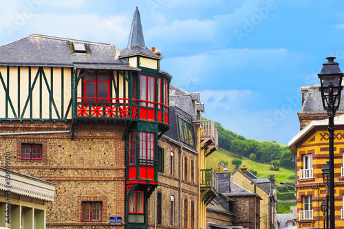 Etretat, Normandy, France. Medieval house, picturesque landscape of Etretat commune, view of the ancient city