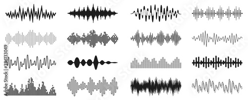 Set sound waves sign, musical sound wave collection icon, digital and analog line waveforms, electronic signal, voice recording, equalizer - stock vector