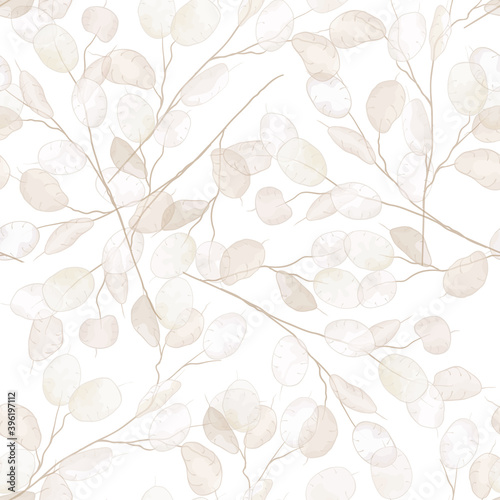 Seamless dry lunaria floral vector pattern. Watercolor winter wedding flower illustration background