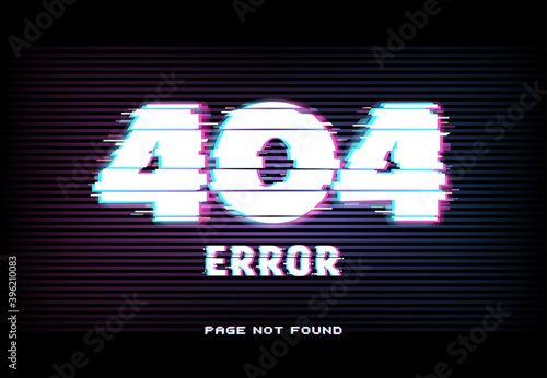 404 error, page not found in glitch effect style with vector distorted horizontal glitched lines and neon glowing typography on dark background. Website under maintenance, lost internet connection