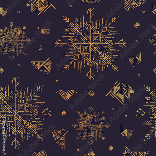 Vector abstract snowflake artdeco seamless pattern, christmas golden background. New yea