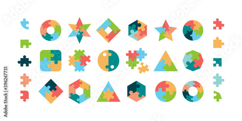 Puzzle. Jigsaw pieces various geometrical forms round and square puzzle parts vector collection. Illustration jigsaw puzzle game, teamwork concept