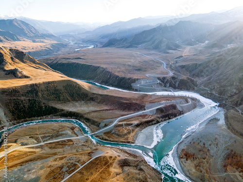 confluence of two rivers - Chuya and Katun, Altai republic, Russia. sunrise, sunset,