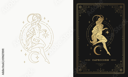 Zodiac capricorn girl character horoscope sign line art silhouette design vector illustration