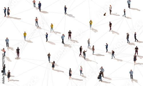 Aerial view of crowd people connected by lines, social media and communication concept. Top view of men and women isolated on white background with shadows. Staying online, internet, technologies.