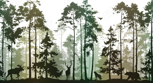 Seamless horizontal background with pine forest and animals: deer, bear, wolf, elk, owl and birds. Animals are separate from the background, you can move and delete them.