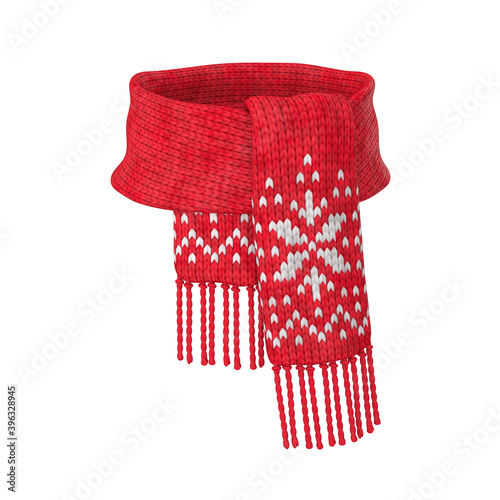 Red wool scarf with a white pattern on a white background, 3D render