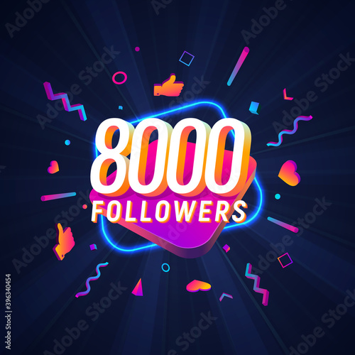 8000 followers celebration in social media vector web banner on dark background. Eight thousand follows 3d Isolated design elements