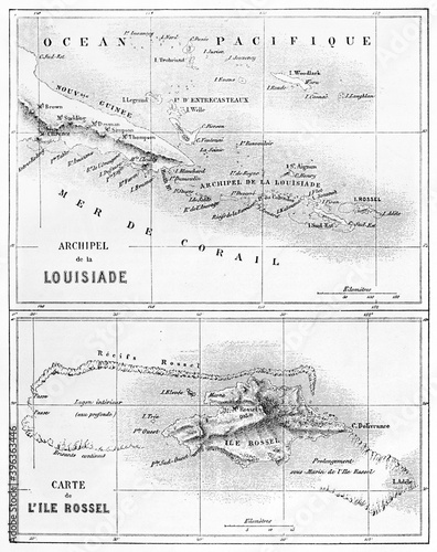 Couple of vintage maps of Louisiade archipelago and Rossel island (southeast of New Guinea). Ancient grey tone etching style art by Erhard and Bonaparte, Le Tour du Monde, 1861