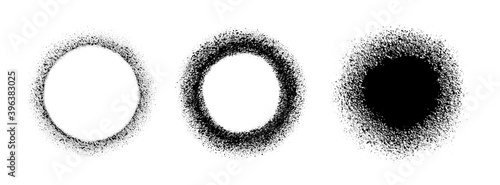 Set circle frame with spray effect. Collection circular border of grunge dots. Ring boarder. Round brush. Spot paint. Drip point radial shape. Urban street design for prints. Faded uneven dot. Vector