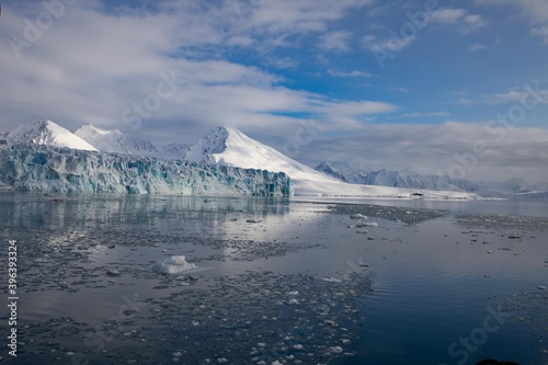 Lilliehöökbreen glacier, Spitsbergen / Svalbard during a cruise on an old sail ship early spring when the landscape was still in winter scenes with lots of snow and ice