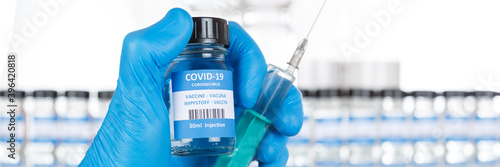 Coronavirus Vaccine bottle Corona Virus COVID-19 Covid vaccines syringe panoramic view copyspace copy space
