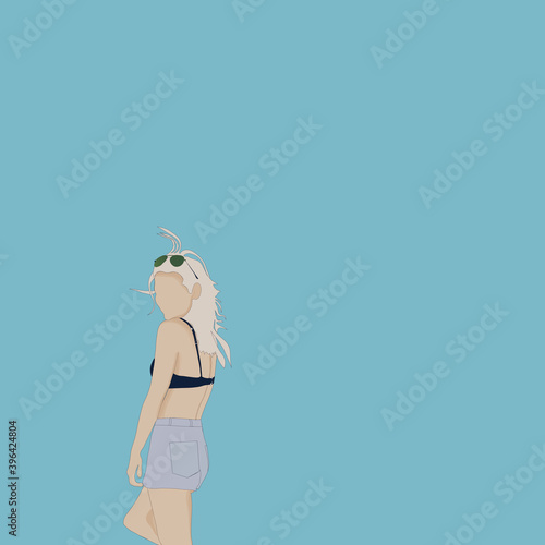 Ilustracja młoda kobieta o jasnych włosach w krótkich spodenkach i okularach na niebieskim tle