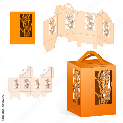 Wedding Bonbonniere with Die Cut. Openwork Box with Lace Silhouette of Butterfly. Paper Lantern Laser Cutting Template. Practical Vector Illustration on Transparent Background.