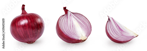 A set of whole and sliced red onion isolated on white background.