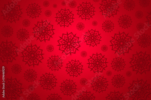 3d illustration of many snowflakes of different sizes and shapes on a red background. Winter snowflake pattern