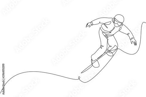 One continuous line drawing of young sporty man snowboarder riding snowboard and jump at alps snowy powder mountain. Winter lifestyle sport concept. Dynamic single line draw design vector illustration