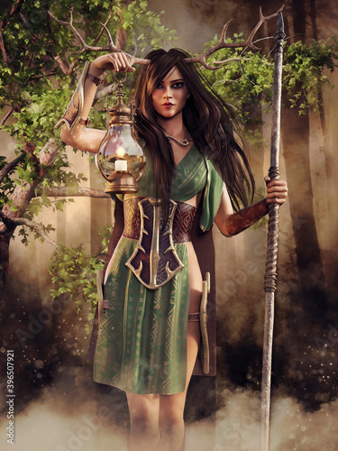 Forest scene with a fantasy huntress with deer horns, holding a lamp and a wooden staff in her hands. 3D render. The woman in the image is a 3D object.