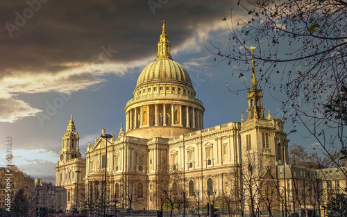 London England, saint Paul's cathedral impressive dome under dramatic sky